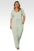 Wendy Plus Size French Terry Sage Green Short Sleeve Sweat Lounge Jumpsuit