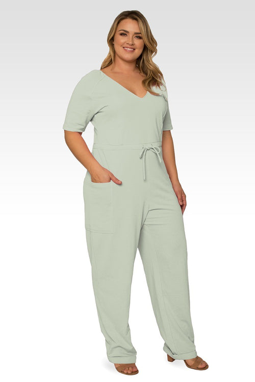 Wendy Plus Size French Terry Sage Green Short Sleeve Sweat Lounge Jumpsuit