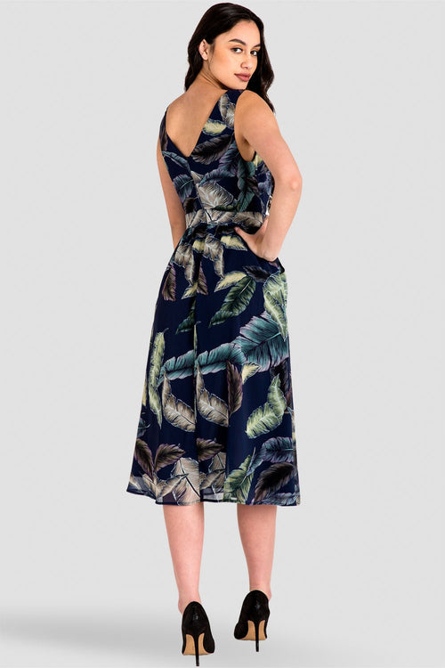 Naya A-Line Midi Dress - Tropical Leaf Print Chiffon