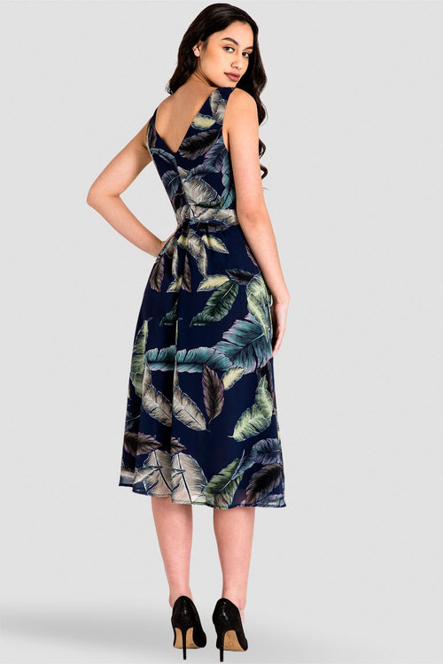 Naya A-Line Midi Dress - Tropical Leaf Print Chiffon