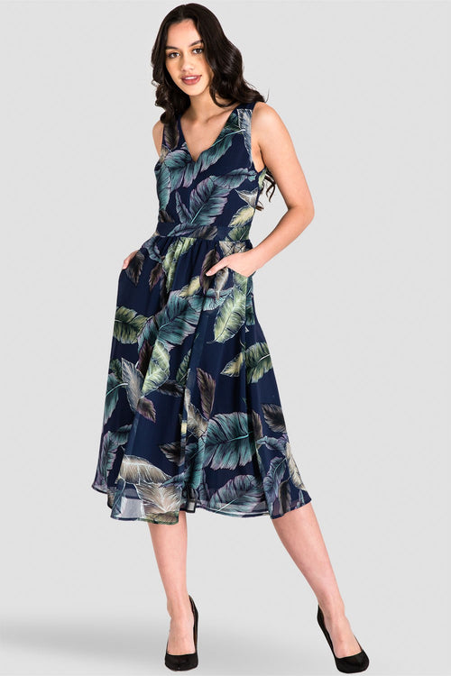 Naya A-Line Midi Dress - Tropical Leaf Print Chiffon