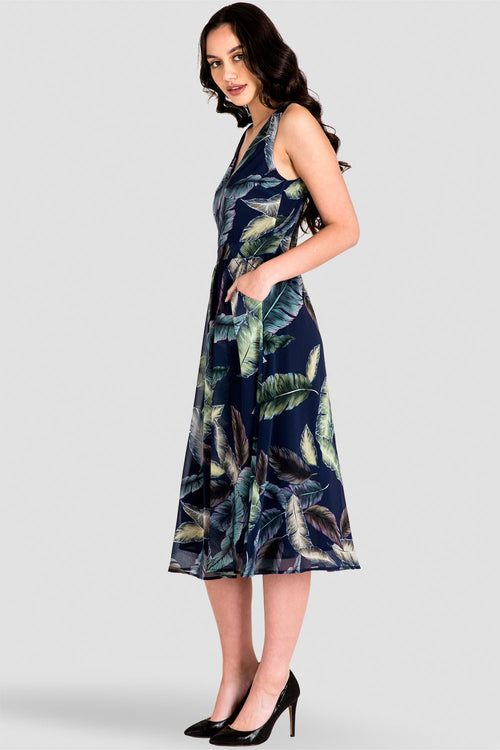 Naya A-Line Midi Dress - Tropical Leaf Print Chiffon