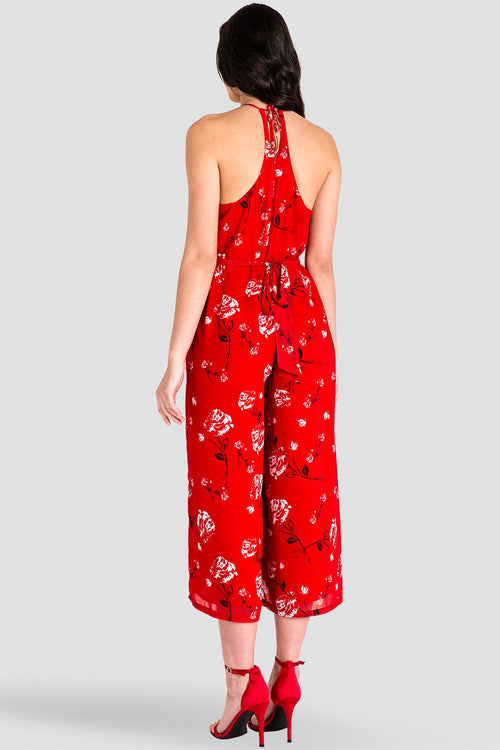 Dianna Halter Capri Jumpsuit with Front Splits - Red Floral