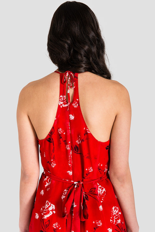 Dianna Halter Capri Jumpsuit with Front Splits - Red Floral