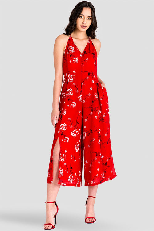 Dianna Halter Capri Jumpsuit with Front Splits - Red Floral