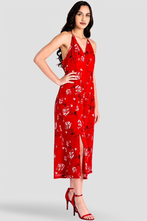 Dianna Halter Capri Jumpsuit with Front Splits - Red Floral