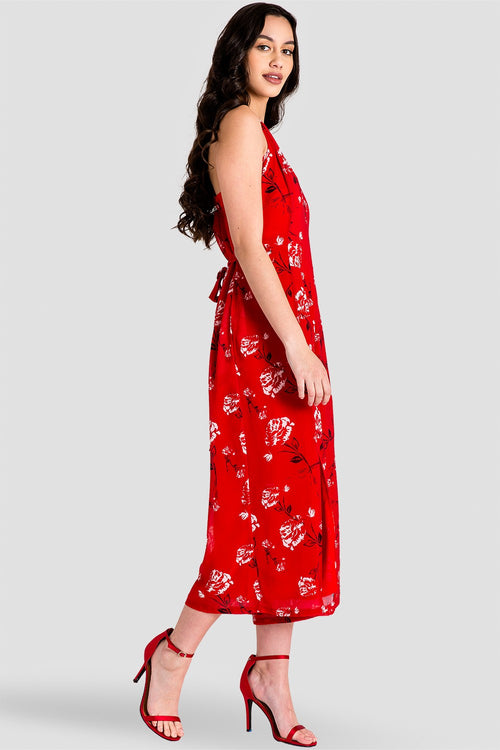 Dianna Halter Capri Jumpsuit with Front Splits - Red Floral