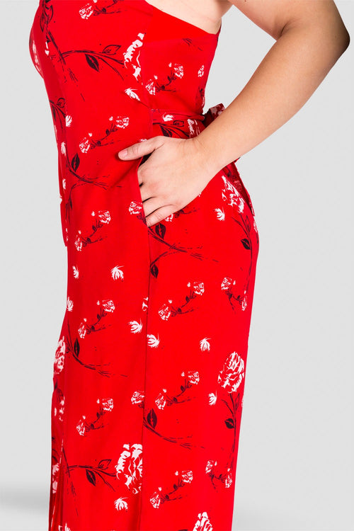 Plus Size Dianna Halter Capri Jumpsuit with Front Splits - Red Floral
