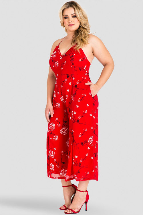 Plus Size Dianna Halter Capri Jumpsuit with Front Splits - Red Floral
