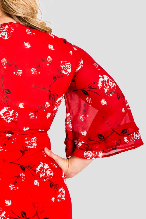 Plus Size LuLu Tiered Ruffle Bell Sleeve Wrap Dress - Red Floral
