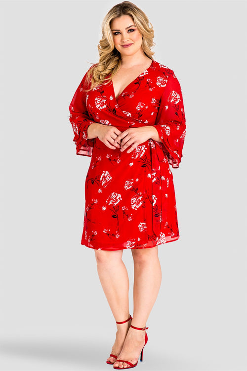 Plus Size LuLu Tiered Ruffle Bell Sleeve Wrap Dress - Red Floral
