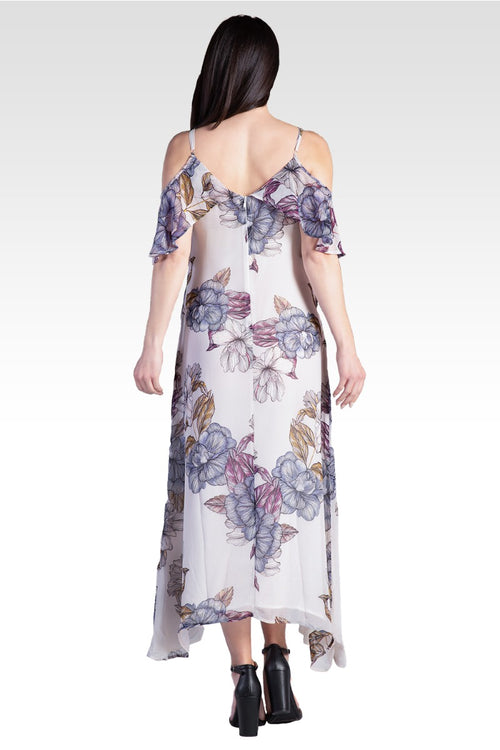 Matilda Cold Shoulder Ruffled Handkercheif Dress - Floral Print Chiffon