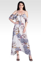 Curvy Women's Gray Botanical Floral Print Chiffon Cold-Shoulder Bow Sleeve Handkerchief Hem Dress