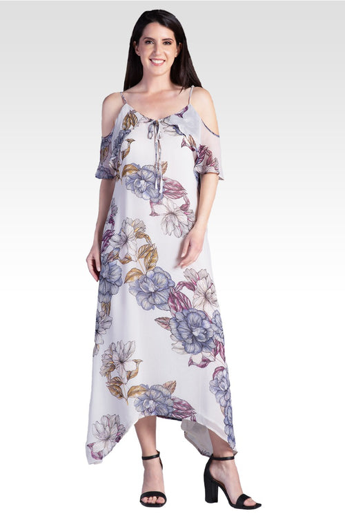 Matilda Cold Shoulder Ruffled Handkercheif Dress - Floral Print Chiffon