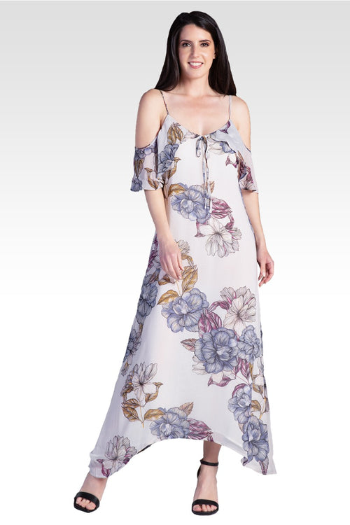 Matilda Cold Shoulder Ruffled Handkercheif Dress - Floral Print Chiffon