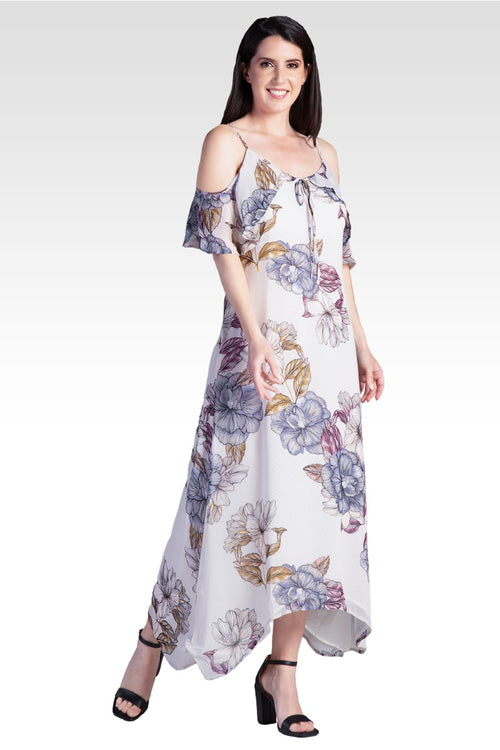 Matilda Cold Shoulder Ruffled Handkercheif Dress - Floral Print Chiffon