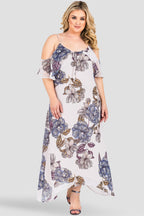 Standards & Practices Curvy Women's Plus Size Gray Floral Print Chiffon Cold-Shoulder Ruffle Handkerchief Dress