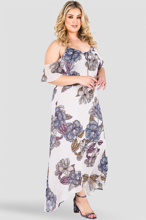 Standards & Practices Curvy Women's Plus Size Gray Floral Print Chiffon Cold-Shoulder Ruffle Handkerchief Dress