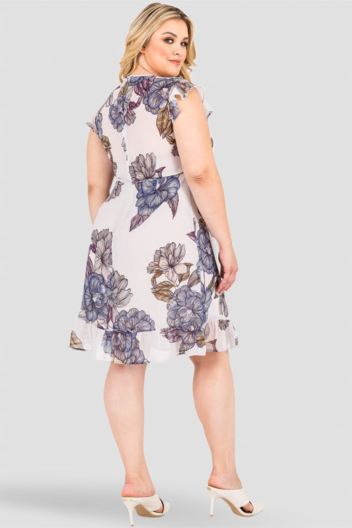 Curvy Women's Plus Size Gray Floral Print Chiffon Cap Sleeve Ruffle Hem Dress