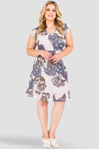 Standards & Practices Curvy Women's Short Plus Size Gray All Around Floral Print Chiffon Cap Sleeve Ruffle Hem Dress