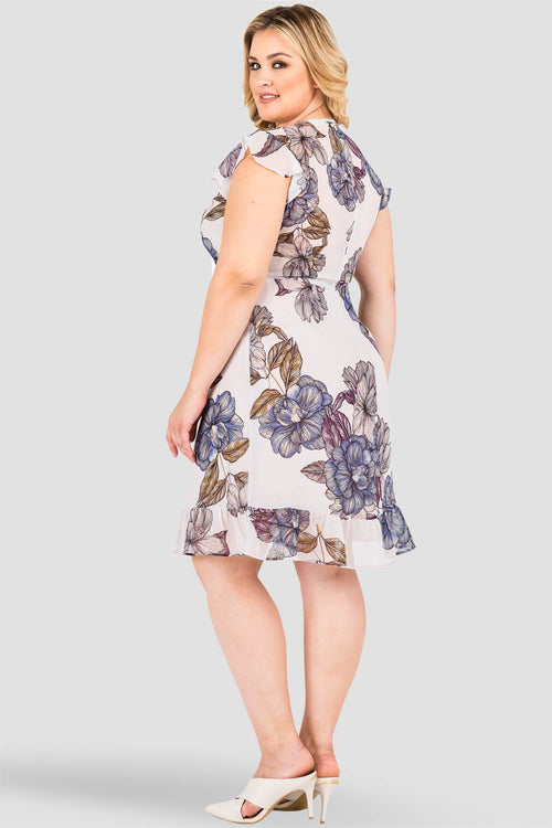 Curvy Women's Mini Plus Size All Over Floral Print Gray Chiffon Cap Sleeve Ruffle Hem Dress