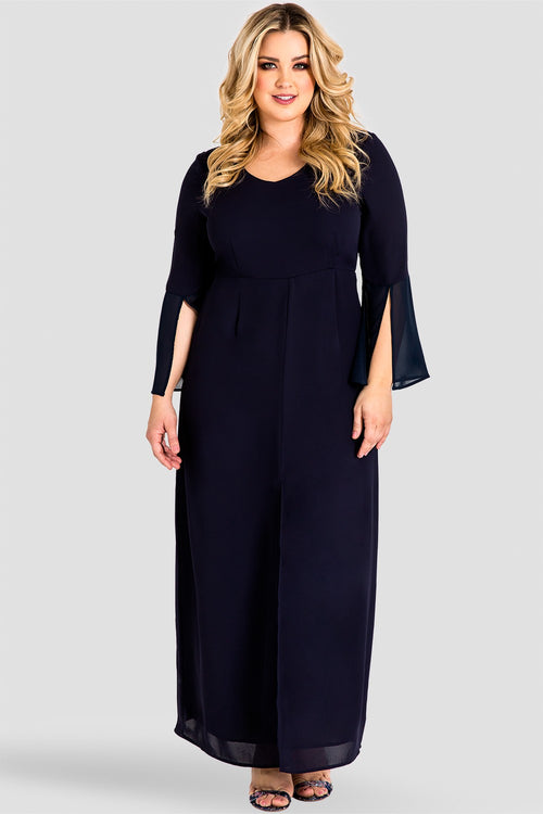 Plus Size Norah Split Bell Sleeve Maxi Dress - Midnight Blue Chiffon