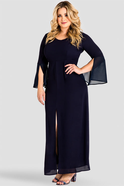 Plus Size Norah Split Bell Sleeve Maxi Dress - Midnight Blue Chiffon