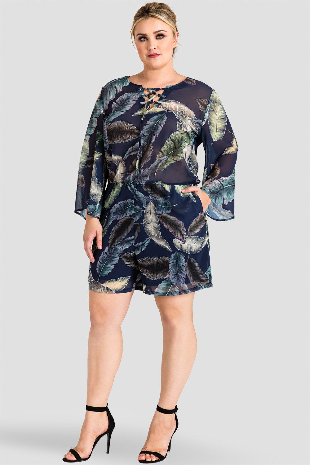 Standards & Practices Plus Size Tropical Leaf Bell Sleeve Lace-Up Romper