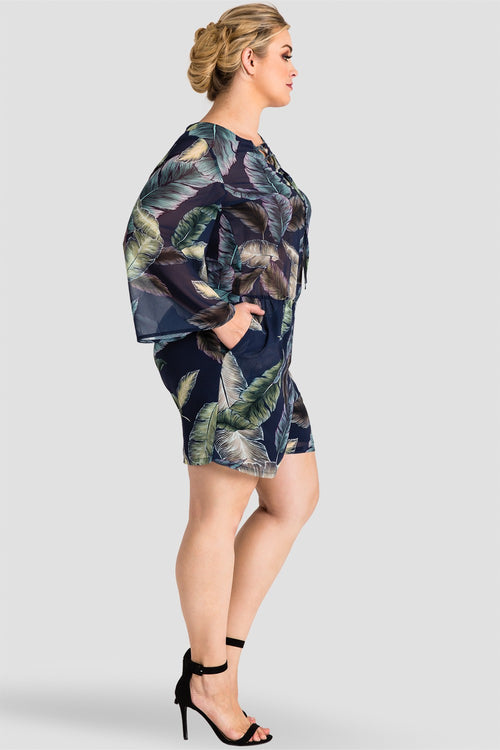 Plus Size Chiffon Barbie Bell Sleeve Lace-Up Romper - Tropical Leaf Print