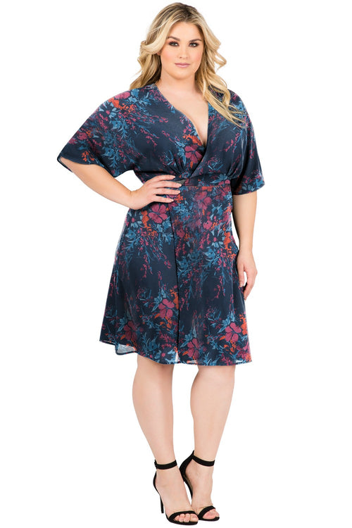 Plus Size Candice Blue Floral Print V-Neck Kimono Wrap Midi Dress