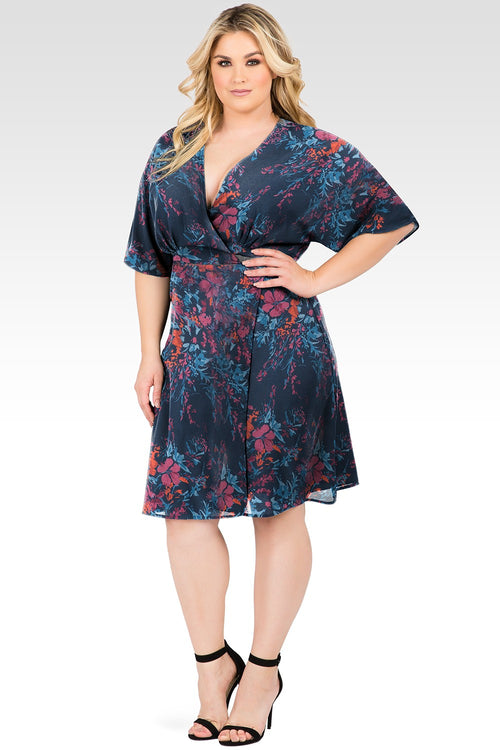 Plus Size Candice Blue Floral Print V-Neck Kimono Wrap Midi Dress