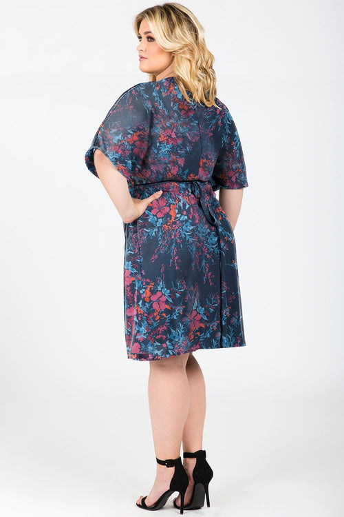 Plus Size Candice Blue Floral Print V-Neck Kimono Wrap Midi Dress