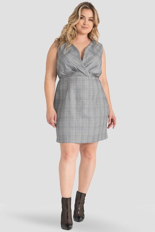 standards & practices plus size plaid sleeveless faux wrap sheath dress