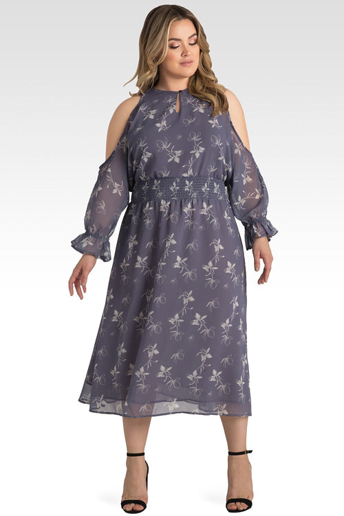 Plus Size Grace Lavender Floral Cold Shoulder Smocked Waist Midi Dress
