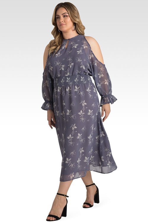 Plus Size Grace Lavender Floral Cold Shoulder Smocked Waist Midi Dress