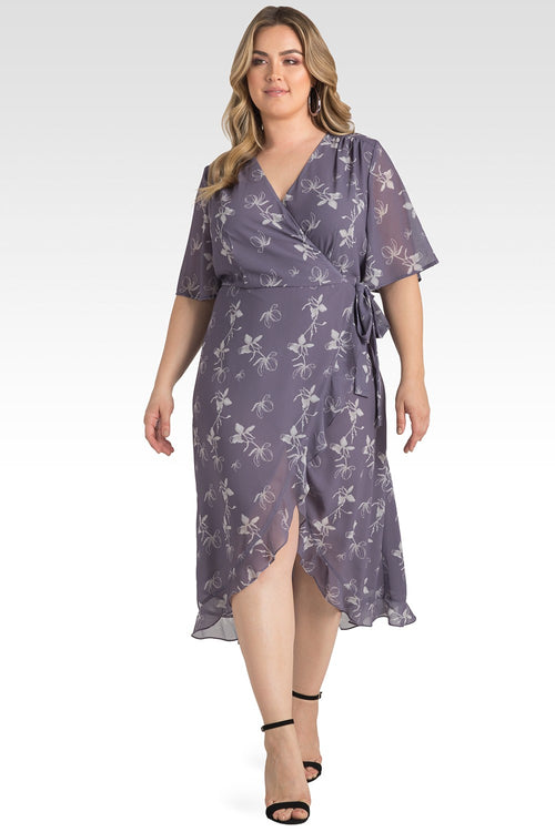 Standards & Practice Plus Size Lavender Sheer Flutter Sleeve & Ruffle Hem Wrap Dress