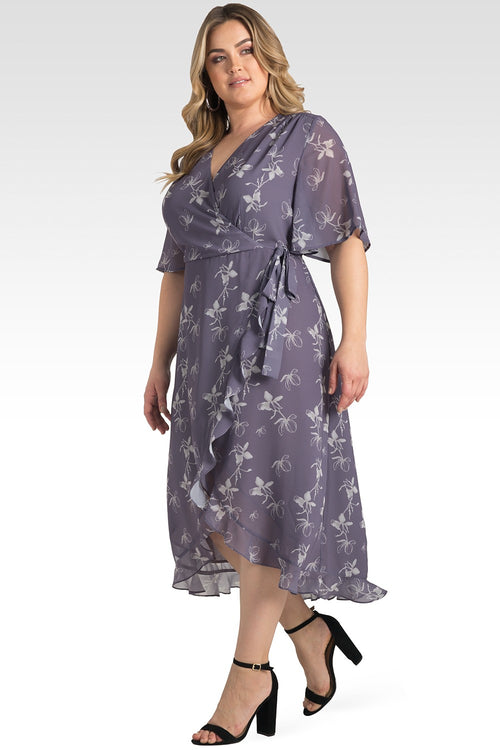 Standards & Practice Plus Size Lavender Sheer Flutter Sleeve & Ruffle Hem Wrap Dress