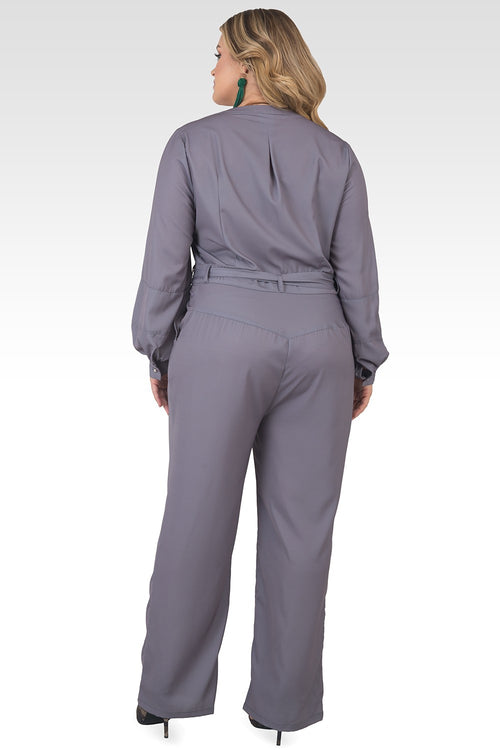 Plus Size Georgina Light Gray Cropped Long Sleeve Jumpsuit-2