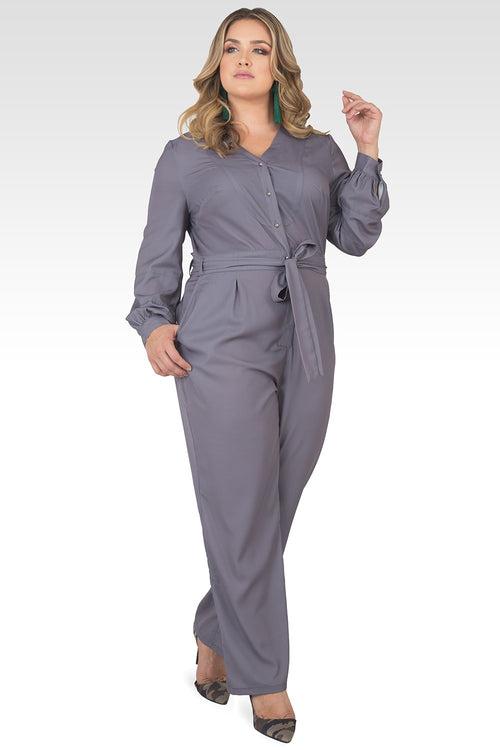 Plus Size Georgina Light Gray Cropped Long Sleeve Jumpsuit-4