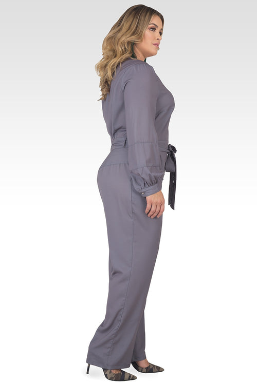 Plus Size Georgina Light Gray Cropped Long Sleeve Jumpsuit-3