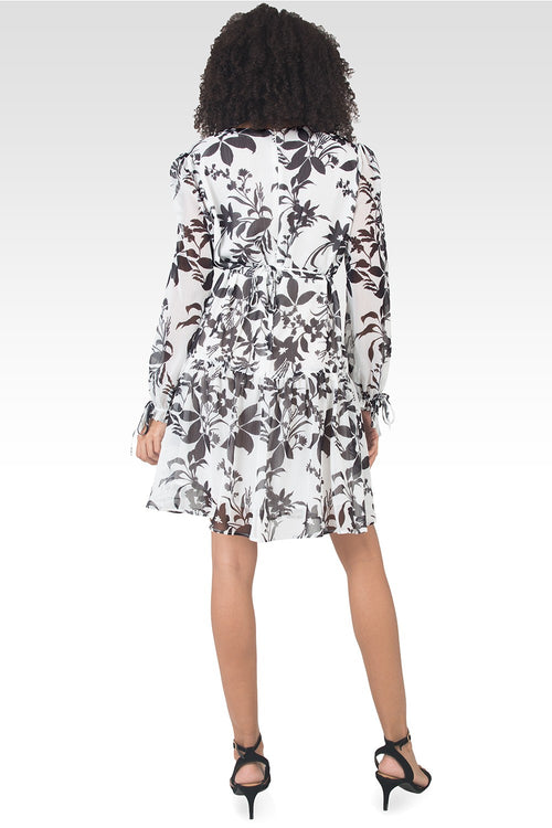 Blair Chiffon Long Sleeve Tiered Prairie Mini Dress - Black & White Floral Print-2