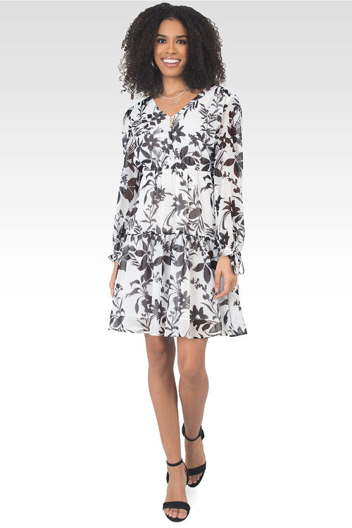 Blair Chiffon Long Sleeve Tiered Prairie Mini Dress - Black & White Floral Print-4
