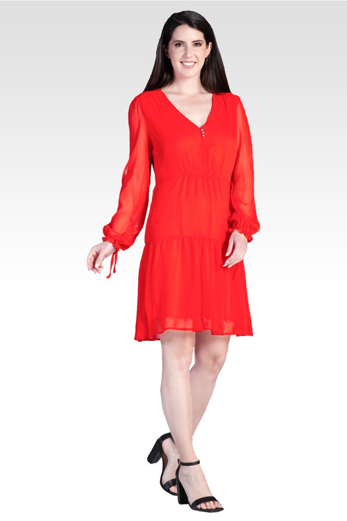 Blair Chiffon Long Sleeve Tiered Prairie Mini Dress - Tiger Lily
