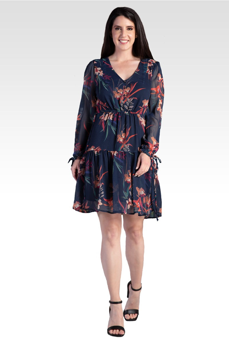 Blair Chiffon Long Sleeve Tiered Prairie Mini Dress - Tropical Mist Botanical / Floral Print S Blair Chiffon Long Sleeve Tiered Prairie Mini Dress - Tropical Mist Botanical / Floral Print S