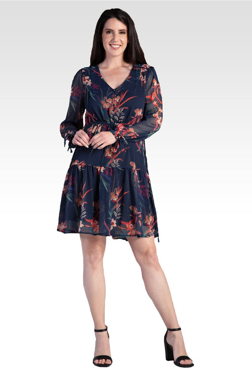 Blair Chiffon Long Sleeve Tiered Prairie Mini Dress - Tropical Mist Botanical / Floral Print