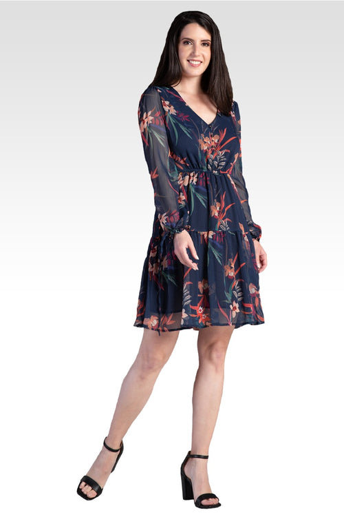 Blair Chiffon Long Sleeve Tiered Prairie Mini Dress - Tropical Mist Botanical / Floral Print