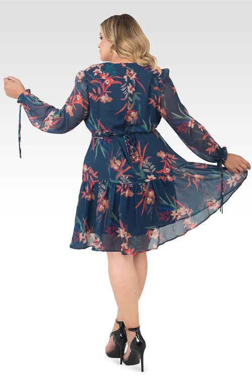 Plus Size Blair Chiffon Long Sleeve Tiered Prairie Mini Dress - Tropical Mist Floral Print-2