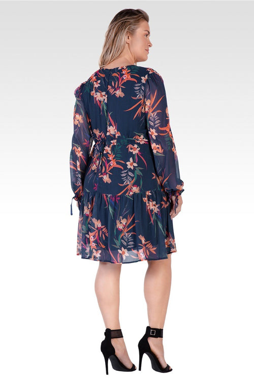 Blair Chiffon Long Sleeve Tiered Prairie Mini Dress - Tropical Mist Botanical / Floral Print