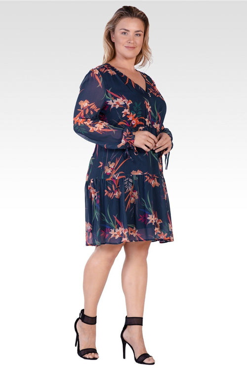 Blair Chiffon Long Sleeve Tiered Prairie Mini Dress - Tropical Mist Botanical / Floral Print