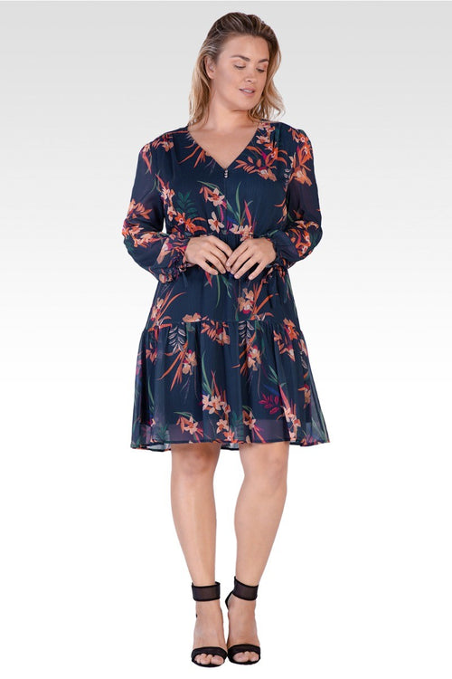 Blair Chiffon Long Sleeve Tiered Prairie Mini Dress - Tropical Mist Botanical / Floral Print